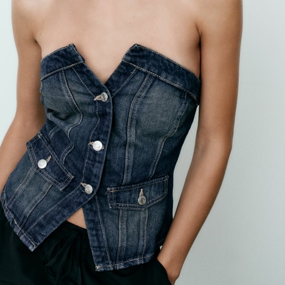 New Zara Strapless Denim Top - Picture 1 of 7